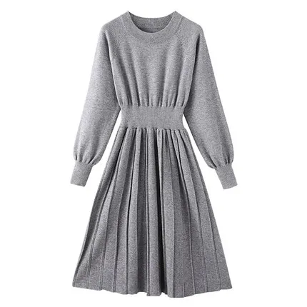 Winter Autumn Female Elegant Long Sleeve Girl Slim Dresses Vintage A-line Pleated Knitwear Knitted Sweater Dress for Women - Цвет: Серый