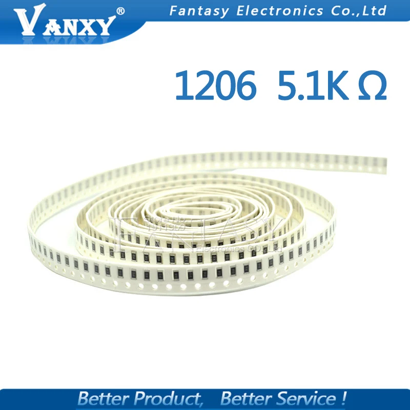 100 шт. 1206 SMD резистор 1% 5,1 K ohm Резистор проволочного чипа 0,25 W 1/4W 5K1 512