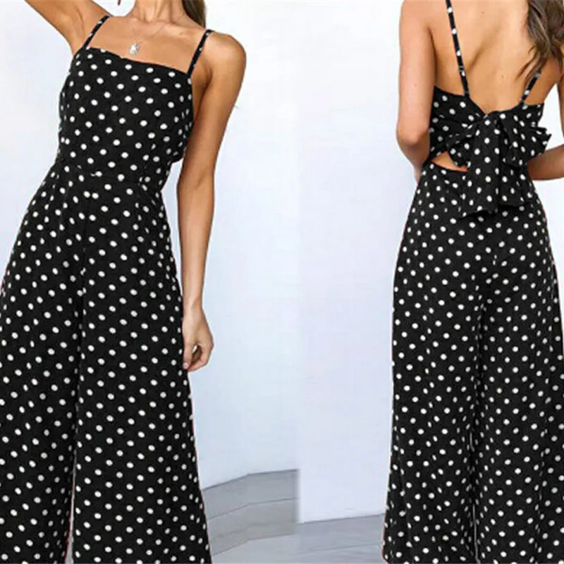 Elegant Sexy Jumpsuits Women Sleeveless Polka Dots Loose Trousers Wide Leg Pants Rompers Holiday Backless Bow Leotard Overalls Elegant Sexy Jumpsuits Women Sleeveless Polka Dots Loose Trousers Wide Leg Pants Rompers Holiday Backless Bow Leotard Overalls