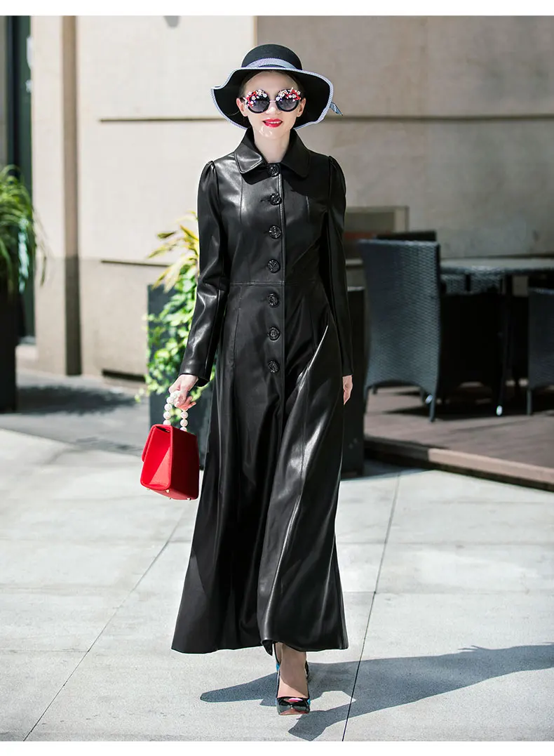 

2018 Trench Coat PU Leather Autumn Winter Coat Women Designer Turndown Collar Black Long Coat Overcoat 6380