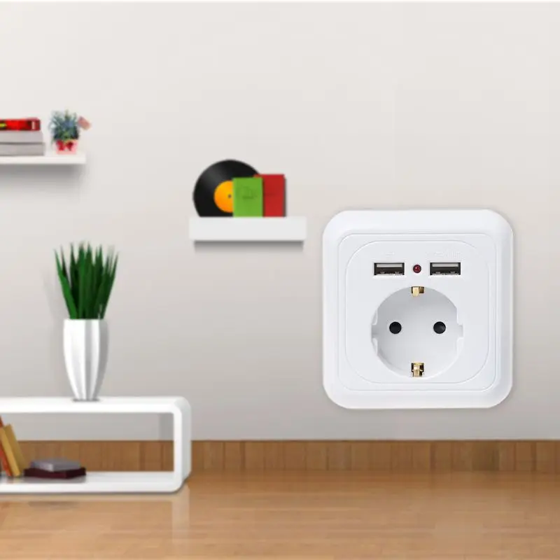 

Wall Socket Power Outlet With Dual USB Ports LED Light White Panel EU Standard