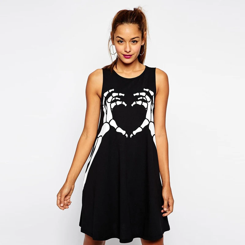 New 2016 Women Sleeveless summer new European punk Style finger skull print Women T shirts Long loose Lady Tops S2038