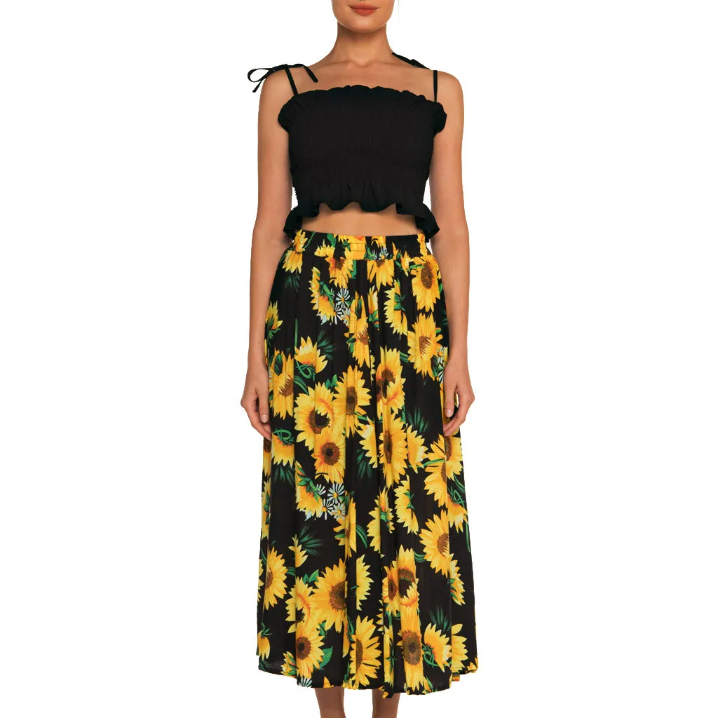 Skirt Women Summer Cotton A Line Bohemian Sunflower Printed Flexible