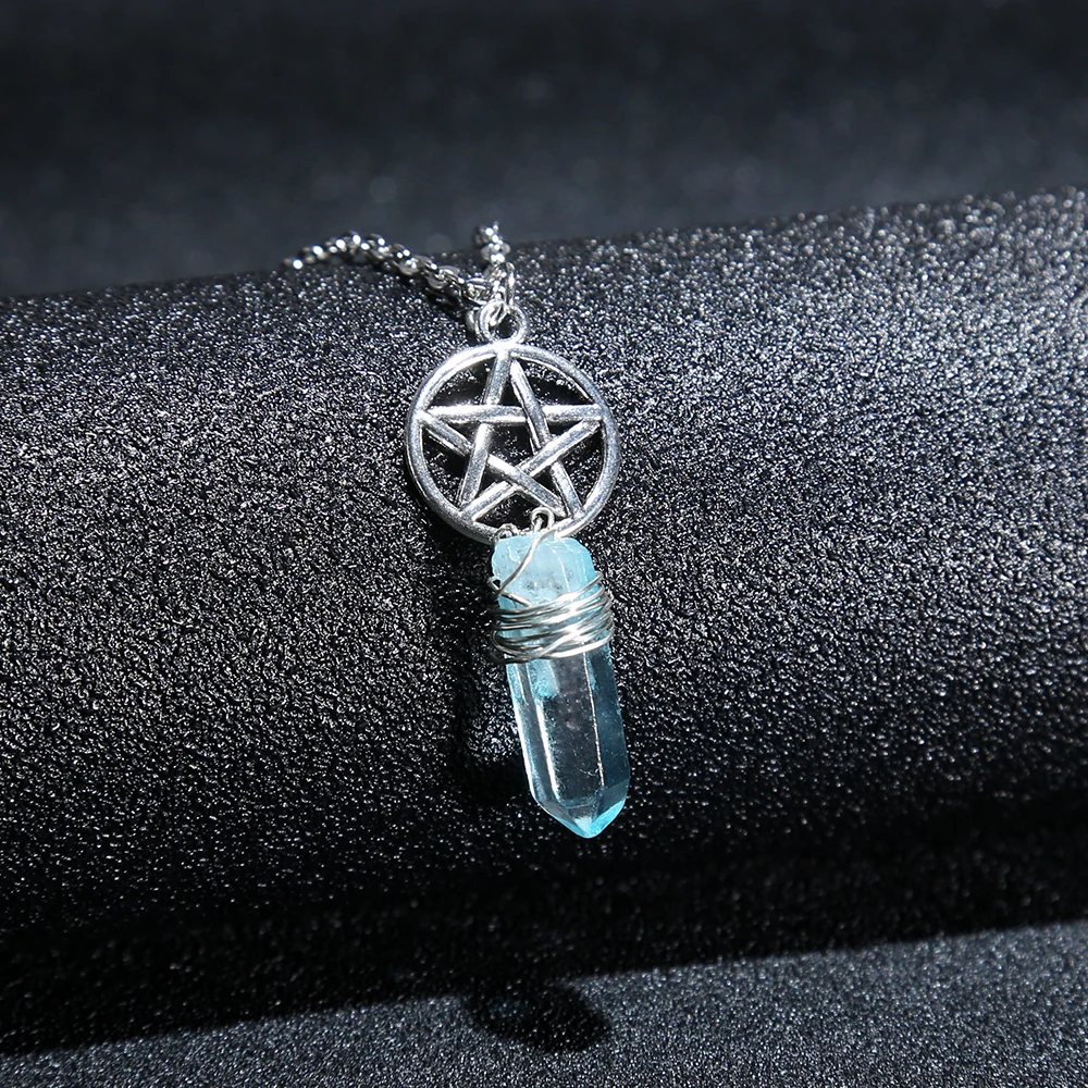

Aura Blue Quartz Wicca Charm Pendant Necklace Rough Stone Raw Crystal Pendants with 70cm Chain