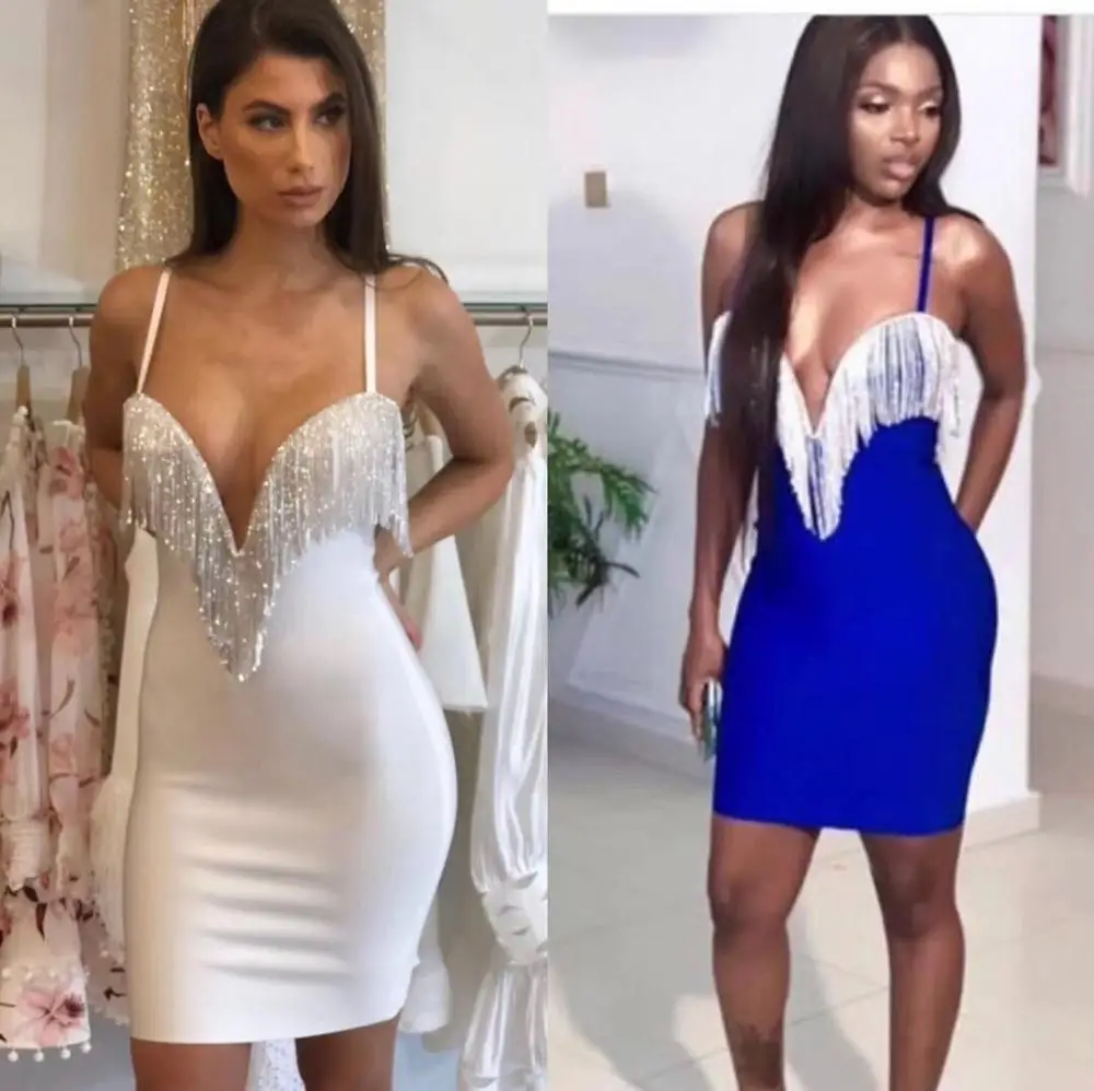 

2019 summer new blue pink yellow sexy chic sleeveless tassel dress party celebrity women's wholesale bandage dress Vestidos