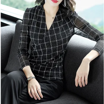 

Stylish V-neck Plaid Women's Shirt Haut Femme Ladies Tops Office Lady Elegant Camisas Mujer Blusas Feminina Tunique Femme