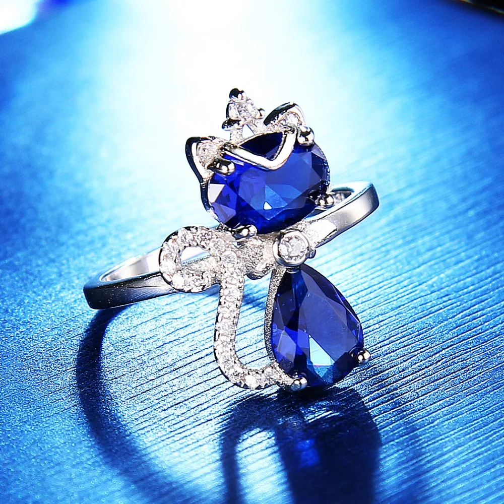 

Tuliper 925 Sterling Silver Queen Cat Cocktail Ring Lovely Animal Blue Cubic Zircon Ring For Women Accessory Party Jewelry Gift