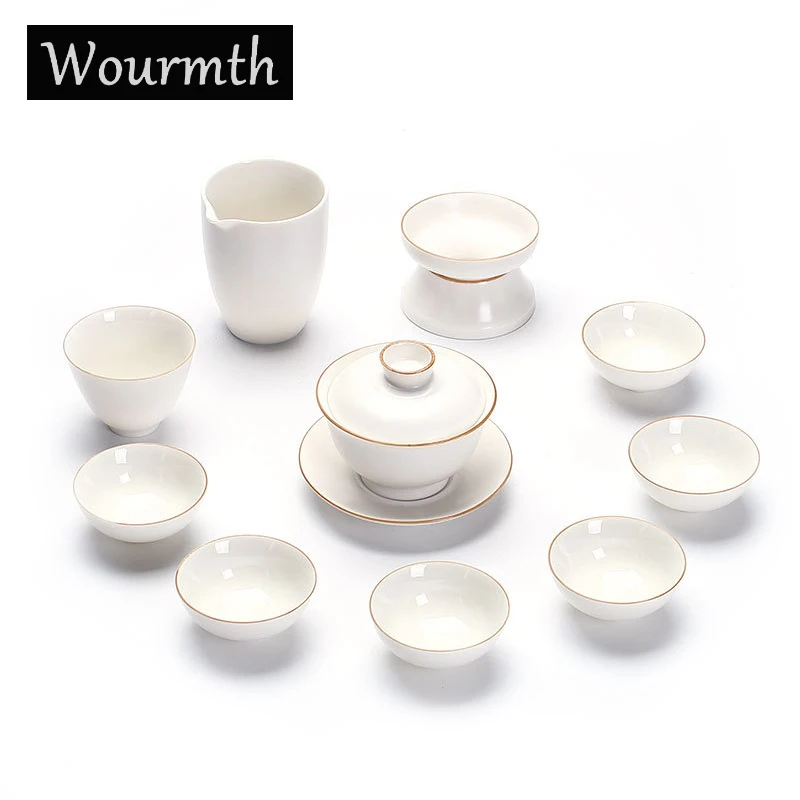 

Wourmth 10 pcs/set Matte White Porcelain Tea Set Full Set Kungfu Gaiwan Teacup Ceramic Filter Office Teaset Chines Culture Gift