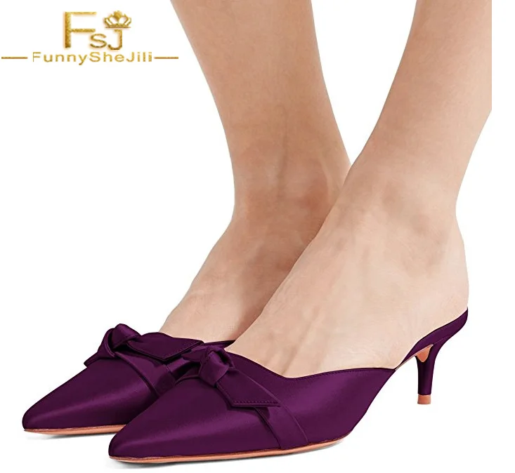 

Women Pointed Toe Sandal Pumps Mid Kitten Heel Woman's Slippers Slip On Dress Slipper Shoes Bows Red Black Size 32 FSJ Butterfly