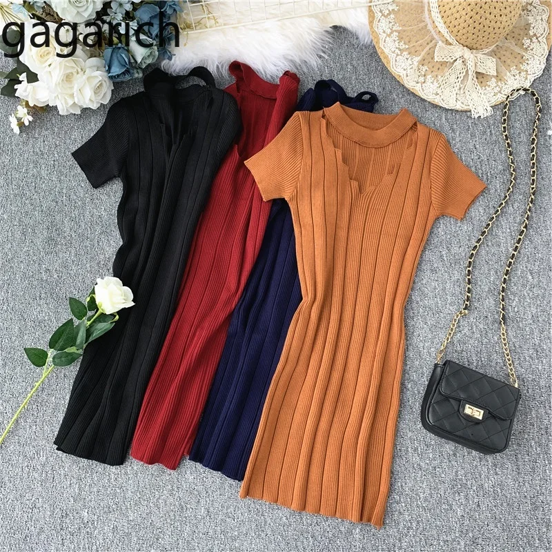 

Gagarich Women Dress 2019 Fashion Short Sleeve Solid Stretch V-neck Knitted Ladies Dresses Summer Robe Femme