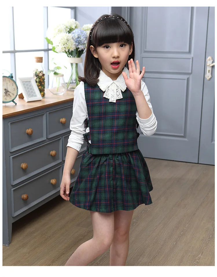 Girls White Shirt Plaid Waistcoat Skirts 3PCS Suit 10