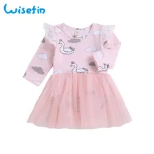 Wisefin/платье для новорожденных девочек с лебедем осенне-зимние розовые платья принцессы с длинными рукавами для малышей от 0 до 3 месяцев фатиновое кружевное платье для маленьких девочек