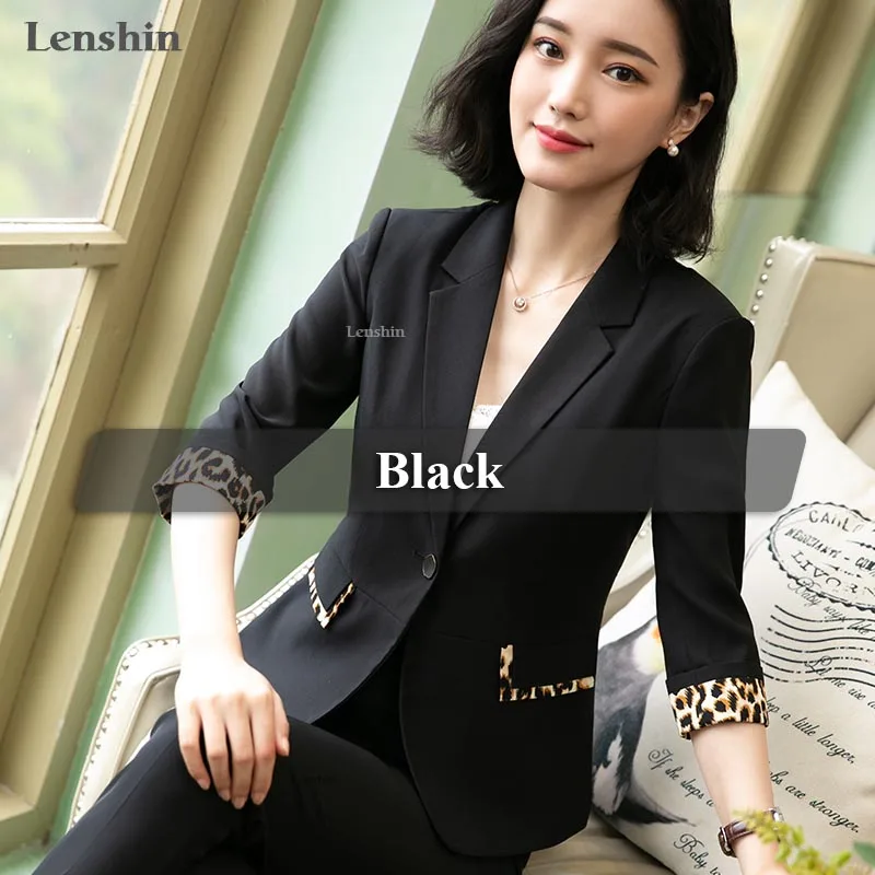 Lenshin леопардовая Лоскутная куртка для женская летняя одежда Женский Повседневный стиль пальто Блейзер с короткими рукавами на одной пуговице верхняя одежда - Цвет: Black blazer