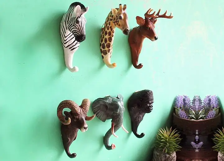 Creative 3D Wall Hangers Decoration Animal Door Hooks Decorative Coat Hooks Resin Hooks Deer Rhino Elephant Giraffe Horse Decors
