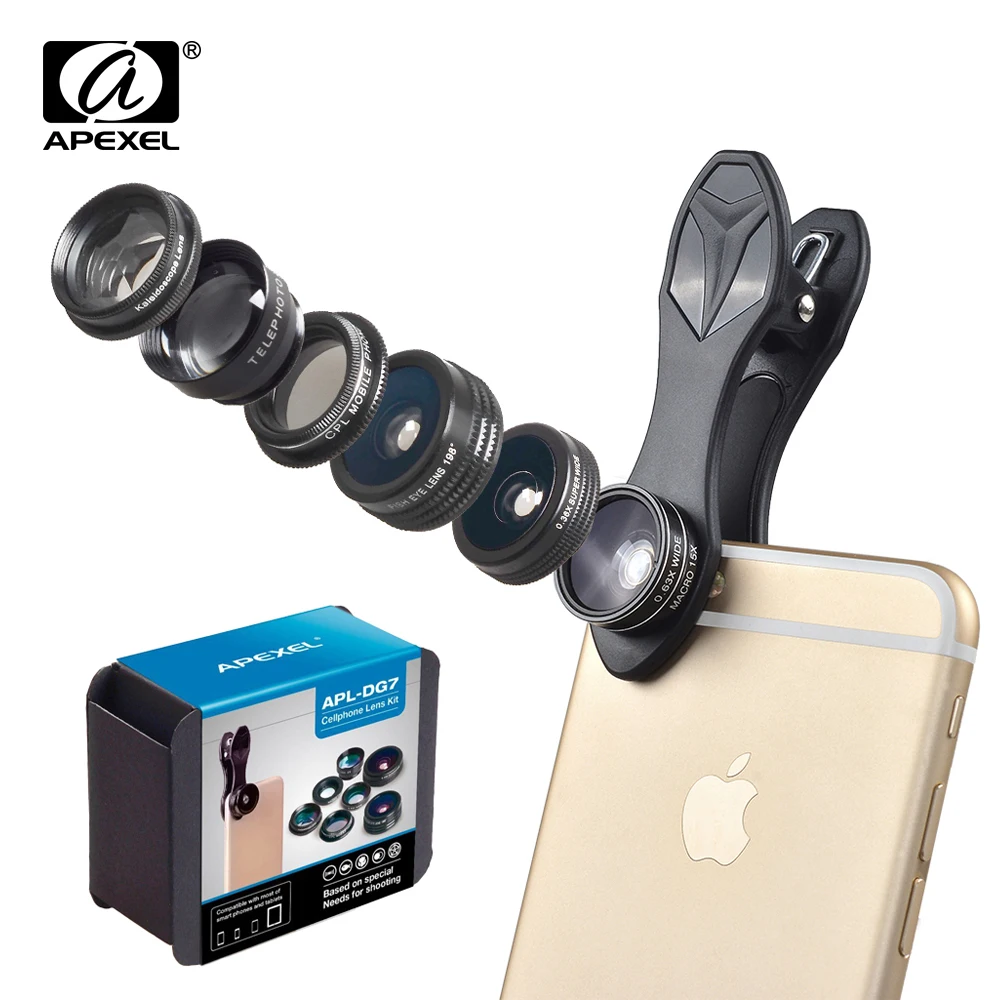 

APEXEL 7in1 Phone Lens Kit Fish Eye Wide Angle Macro Lentes CPL Kaleidoscope and 2X telephoto zoom Lenses For iPhone Smartphone