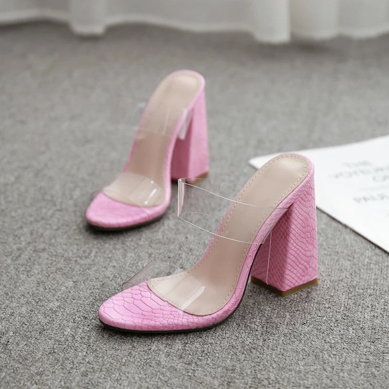 Boussac/пикантные босоножки на толстом каблуке, змеиная печатная тапочка; женские прозрачные босоножки на высоком каблуке из пвх; женские розовые конфеты; Летняя женская обувь