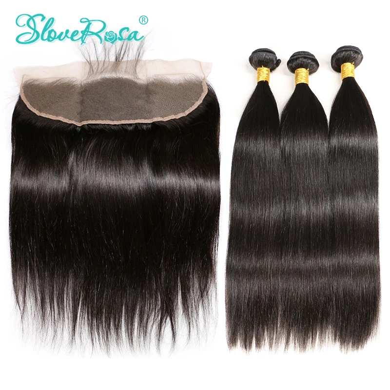 

Lace Frontal Closure With Bundles 3 Pcs Straight Braziliam Human Remy Hair With Ear to Ear Lace Frontal Pre Plucked Slove Rosa