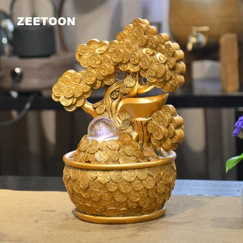 

110V-220V Lucky Tree Water Fountain Gold Natural Resin Rotate Crystal Feng Shui Decor Desktop Waterscape Humidifier Opening Gift