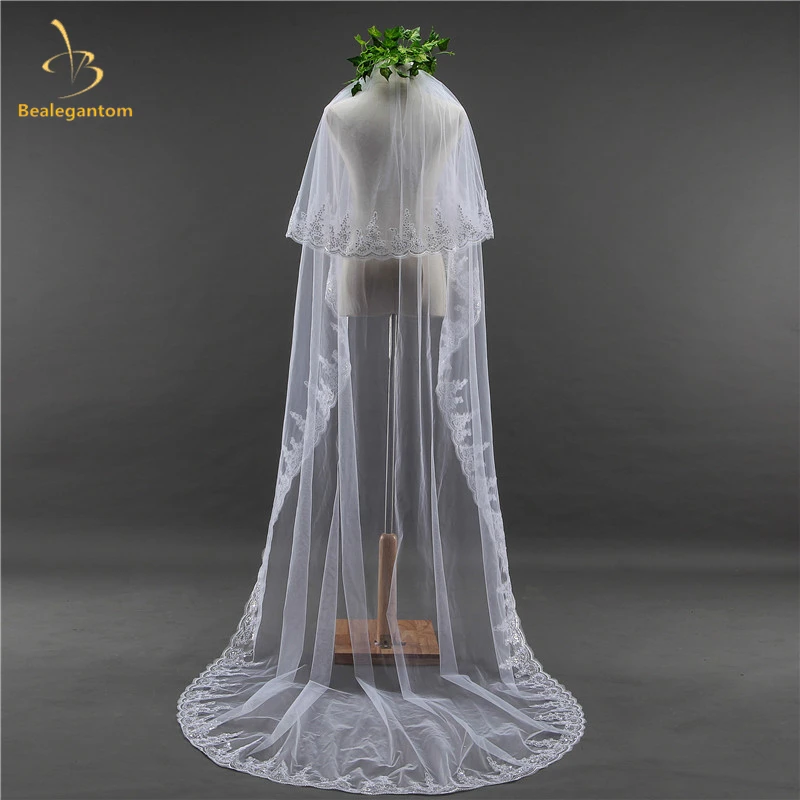 

2019 High Quality Elegant long Lace White Catherdal Wedding Veil Long Bridal Veil Cheap Wedding Accessories Veu de Noiva QA1287