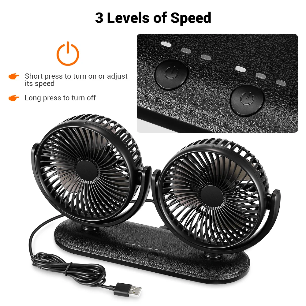

8W USB Car Cooling Fan 5V 2A Dual Head Summer Auto Cooler Air Fans Flexible Rotation 3 speed Adjustment for Truck Bulldozer Van