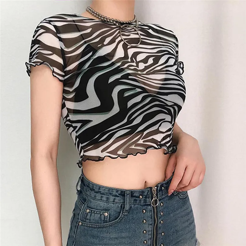 New Womens Sheer Zebra-Stripe Print Mesh T-Shirt Sexy Mesh Cover Up Casual Crop Top Crew Neck Stretchy T Shirt Tops Tee #4A26  (2)
