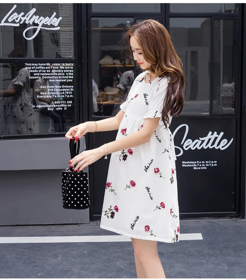 Cotton Pregnant Women Breastfeeding Clothes Summer Embroidery Nursing Dress High Waist Short Sleeve White Maternity Dresses (6)
