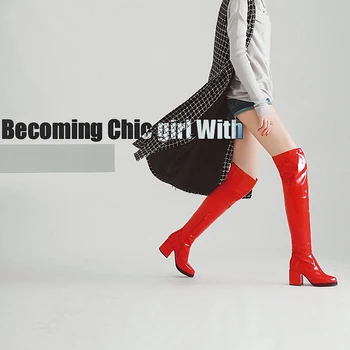 

Plus Size 33-48 Brand Western Knight Boots Women Winter Patent Knee High Boots chaussures femme slip-on Heels Shoes botas mujer