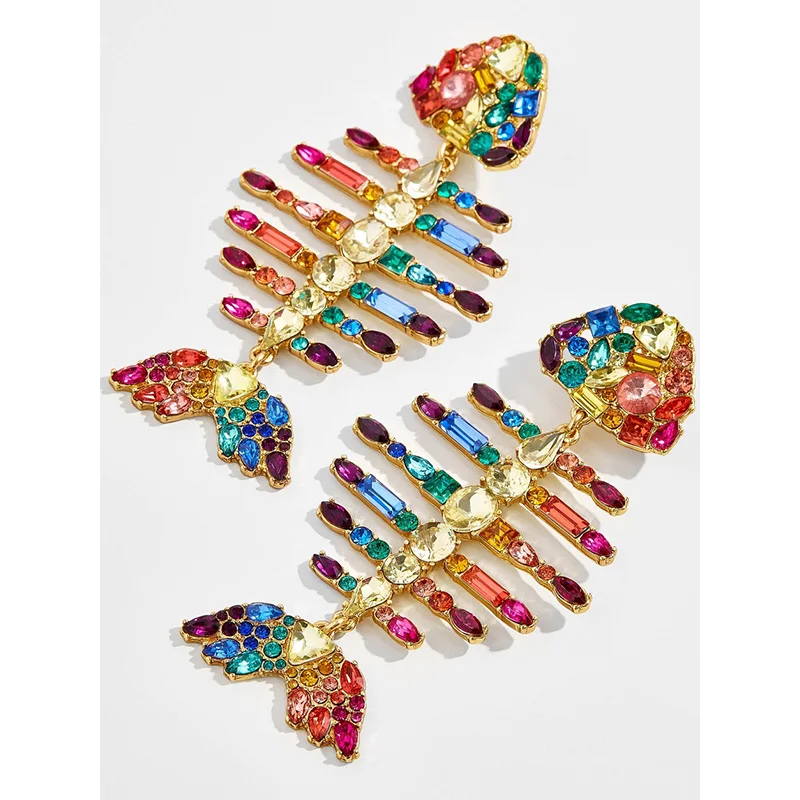 

FASHIONSNOOPS 2019 Trendy Colorful Crystal Fish Earrings for Women Long Drop Earrings Rhinestone Statement Jewelry Wholesale