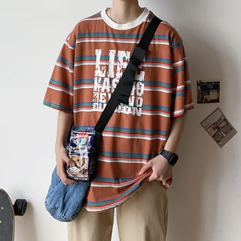 

2019 Summer Men's Fashion Stripe Printing Letter Printing T Shirt Short Sleeve Male Cotton Clothes Loose White/yellow T-shirt