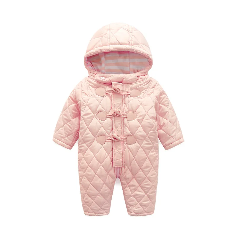 new 2016 autumn and winter baby girl cotton thick pink horns buckle long sleeved Hooded jumpsuit