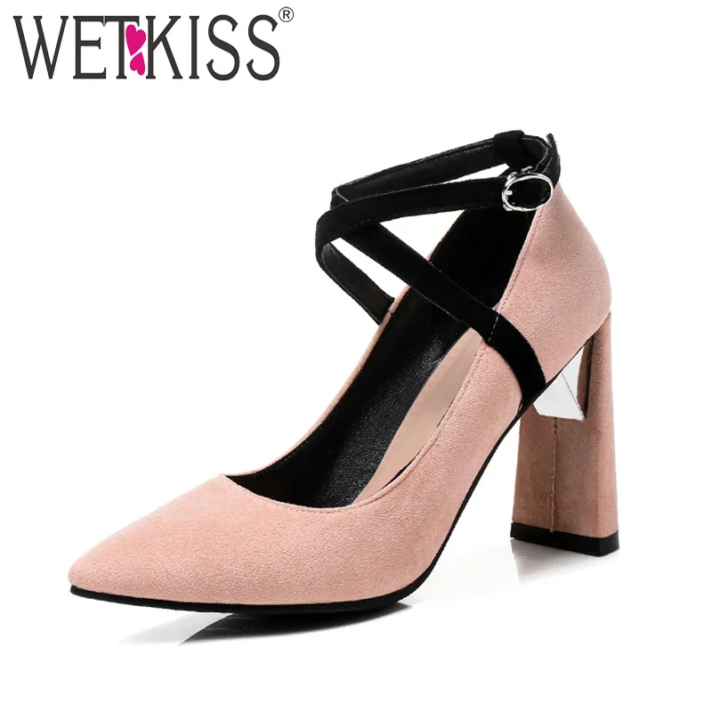 WETKISS Cross Strap High Heels Autumn Women Pumps Pointed Toe Flock