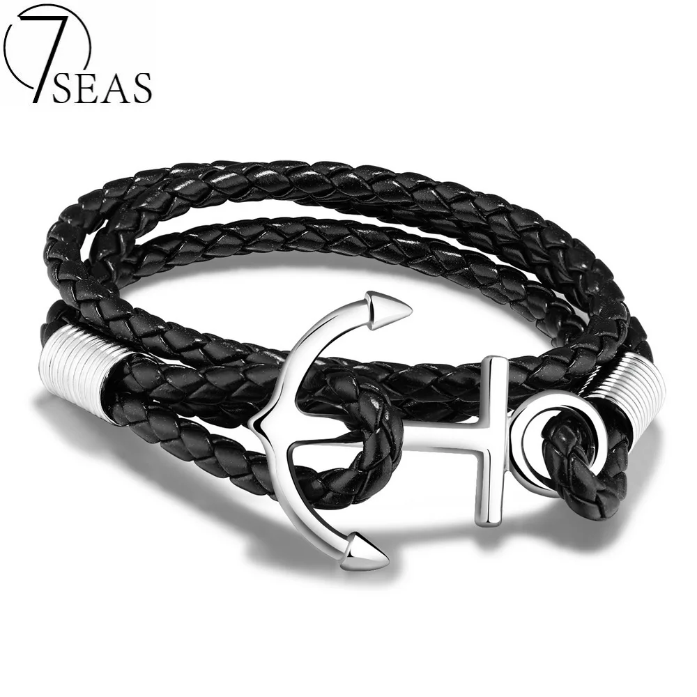 7SEAS Classic Anchor Leather Bracelet Exquisite Stainless Steel Hook
