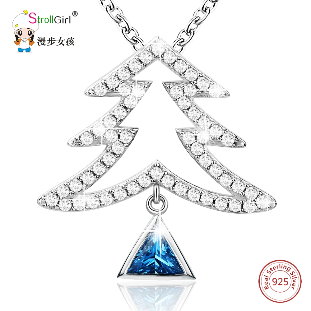 

Strollgirl 925 Sterling Silver Pine Tree with Blue Zirconia Necklaces & Pendants For Women Christmas Present Fashion Jewelry