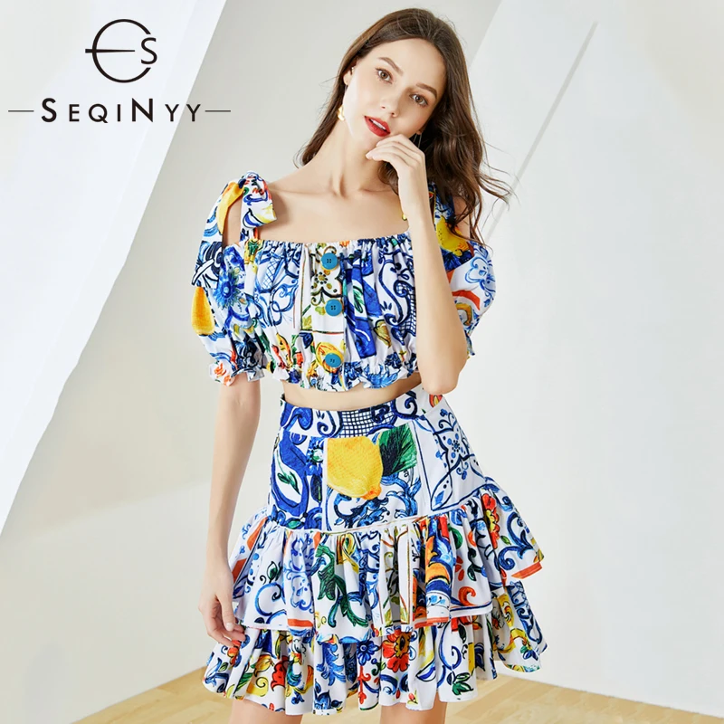 

SEQINYY Summer Set 2020 Summer New Fashion Design Short Elastic Top + Mini Ruffles Cascading Skirt Blue Flowers Print Suit Women
