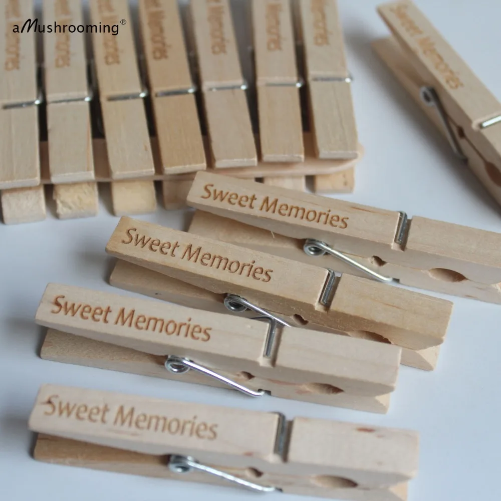 

50 Sweet Memories Laser Engraving Wooden Clothespins Personalized Photo Wall Artwork Display Clips for Bridal Showers
