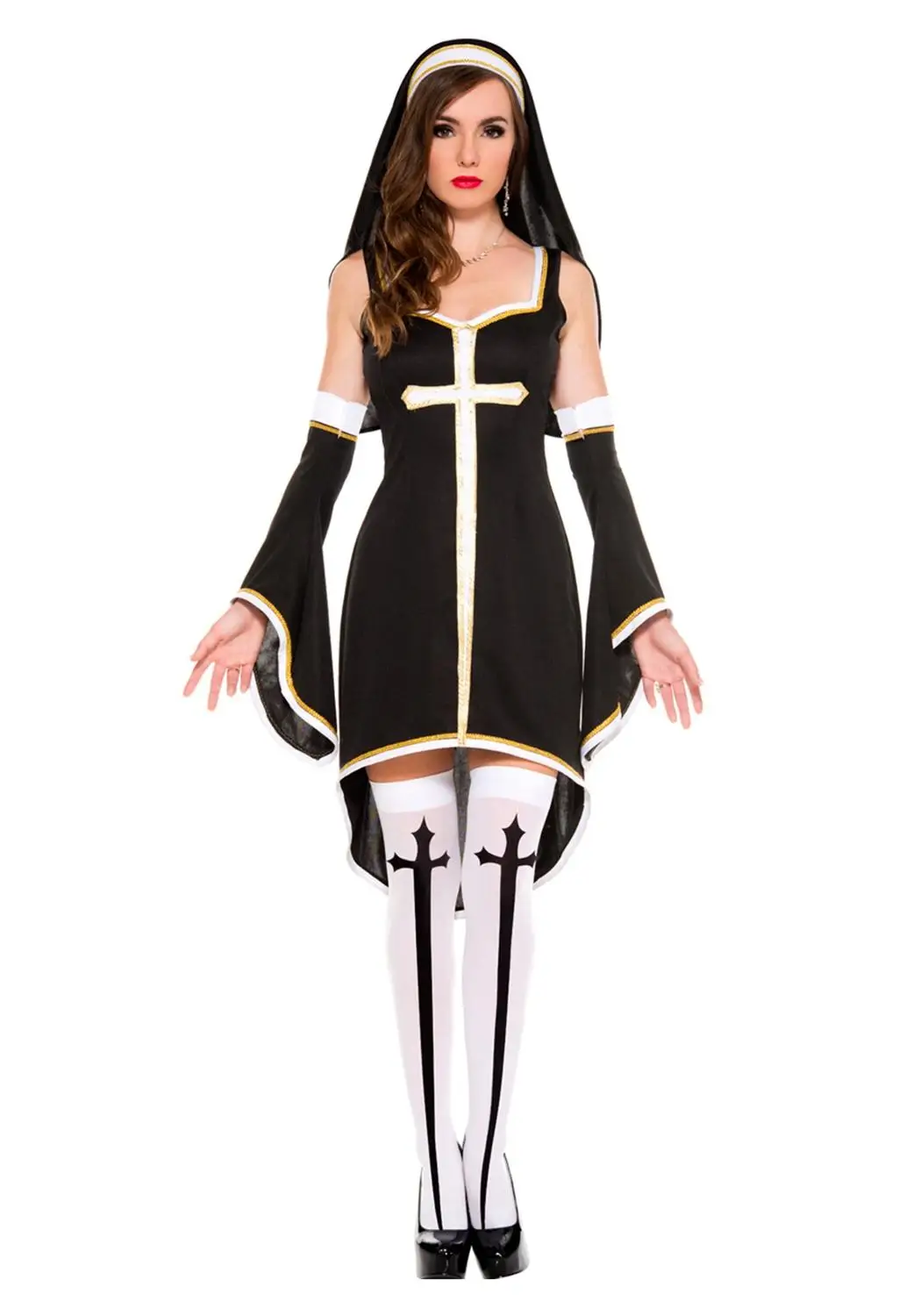 

Sexy Nun Costume Adult Women Halloween Cosplay Fancy Dress Girl Sister Party With Stockings Hoodie Disfraz Mujer