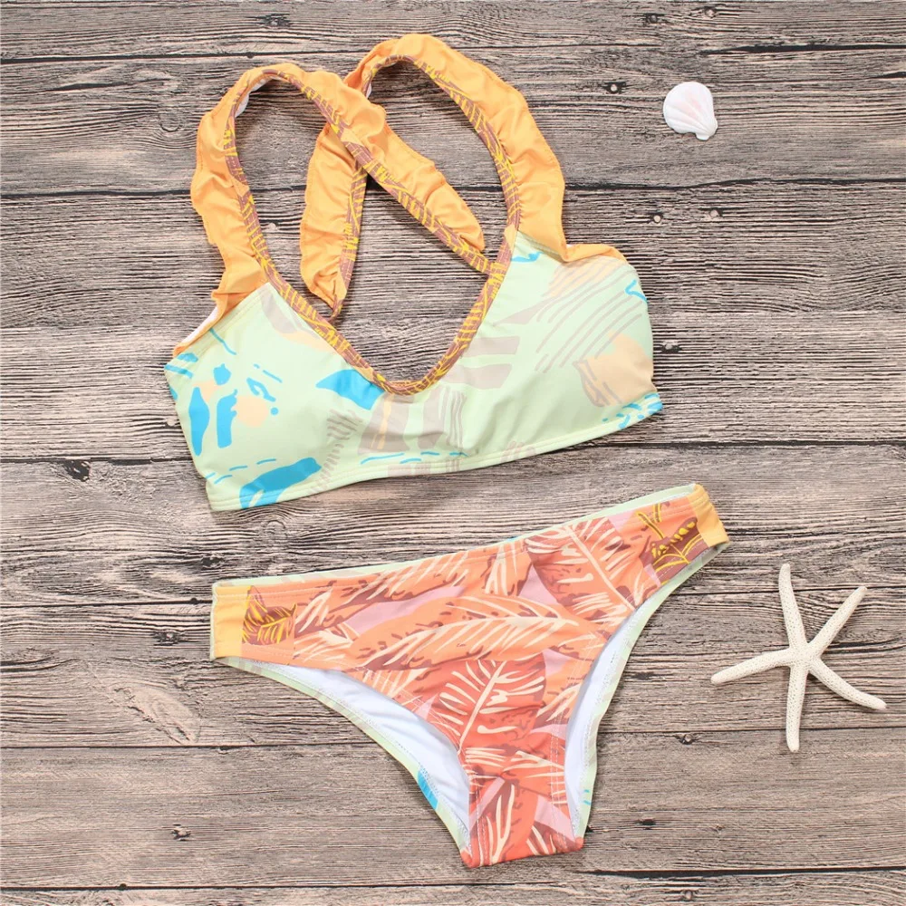 2018 Sexy two Piece Swimsuit Women Swimwear Green Leaf Bodysuit Bandage