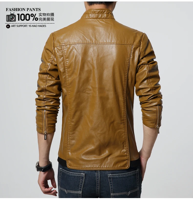Autumn and winter new men's stand collar slim leather, Europe and America large size fashion PU leather solid color jacket leather field jacket