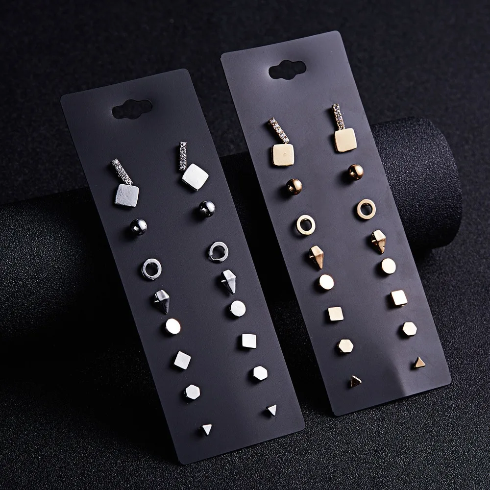 

9Pairs/set Gold Silver Color Crystal Stud Earrings Set for Women Lady Round Geometric Piercing Earrings for Party Gift