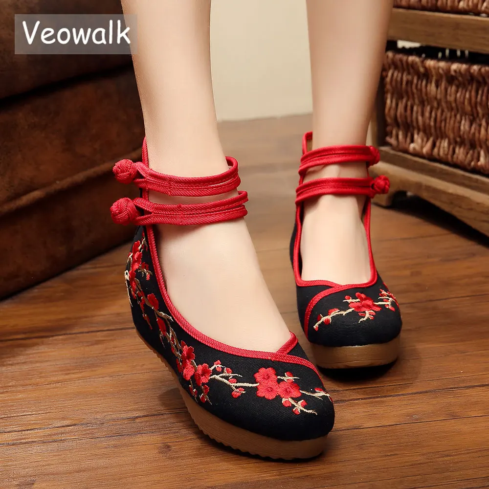 Chinois pour femme style broder Fleur Plat Talons Cheville Sangle Toile Causal Shoes