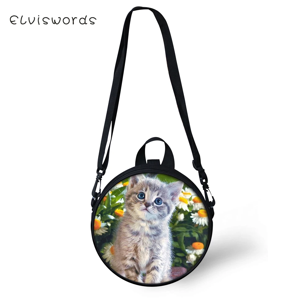 

ELVISWORDS Women Round Shape Crossbody Bags Flower Cats Prints Pattern Cute Girls Small Purses Kawaii Animal Women Shoulder Bags