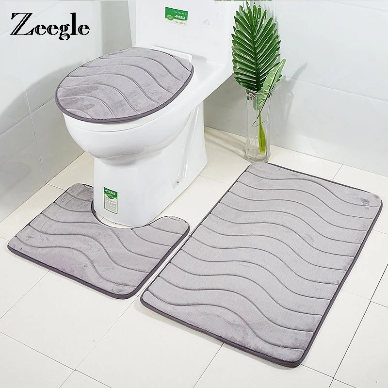 4 PCS Bathroom Shower Curtain Toilet Floor Mat Door Flannel Coloured Carpet Mat 