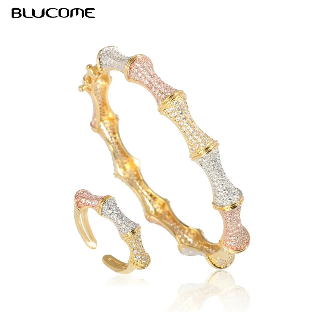 

Blucome Trendy Geometric Bangle Ring Set Tricolor Copper Zircon Jewelry Sets For Women Wedding Engagement Party Decoration Gifts