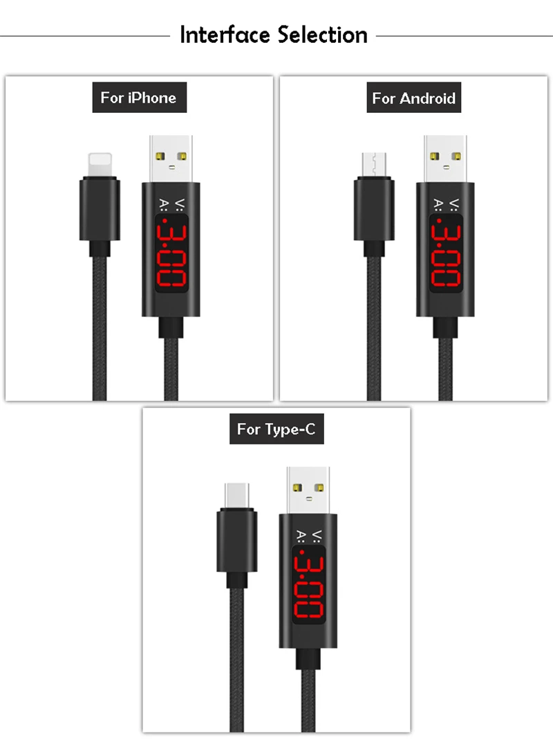 3A(Max) Voltage and Current Display Nylon Braided Micro USBType-C8 pin Fast Charing Cable For iPhone SAMSUNG HUAWEI HTC XIAOMI (4)
