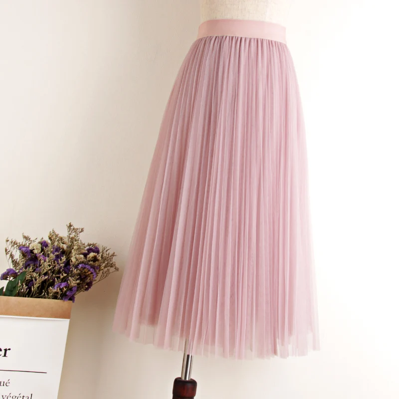 Tulle Midi Pleated High Waist Mesh Skirt-5