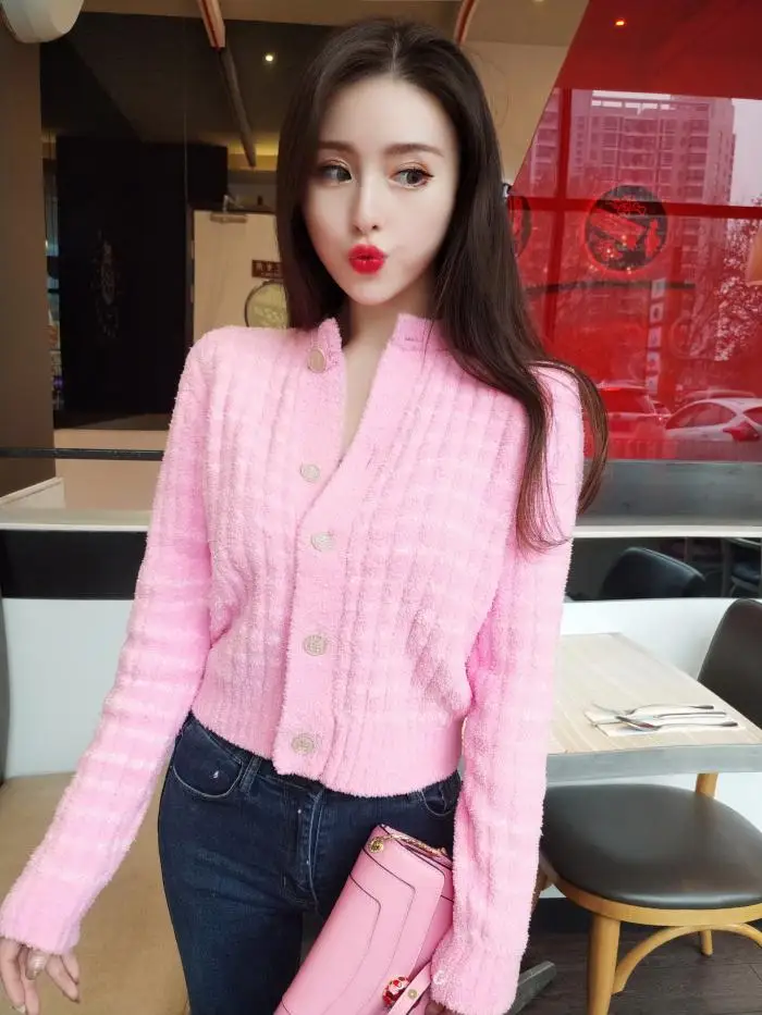 Cute Wool Cardigan Women 2019 Spring Single Buttons Striped Pink Women's Sweater Cardigan Runway Knitted Tops Outwear Streetwear