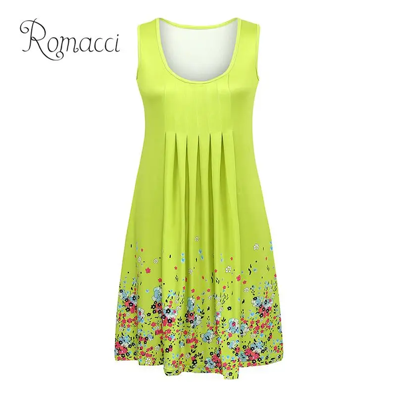 

Romacci Women Midi Summer Sundress Casual Sleeveless Beach Dress Floral Print Draped A-Line Shift Tank Dress Vestidos De Festa