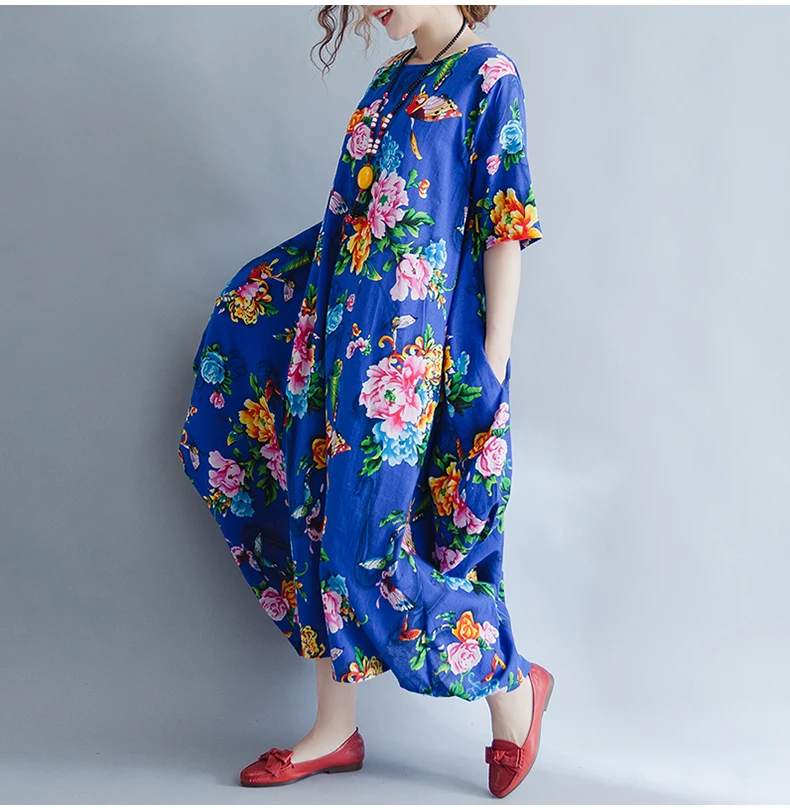 Причудливый Винтаж lagenlook с цветочным принтом Лен Длинные платье плюс Размеры хлопок и лен Половина рукава Макси длинное платье Лето Boho туника