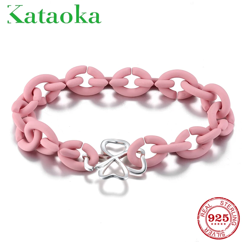 

Fashion Charm Pink Hard Rubber X Bracelets 925 Sterling Silver Lucky clover Bead Bracelet For Women Men European Unisex Jewelry