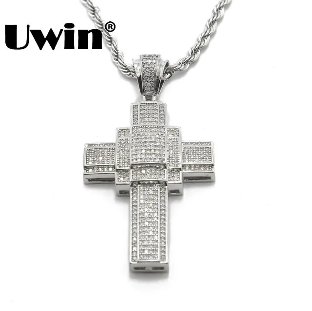 Men Hip Hop Full Iced Out Silver Thick Large Cross Pendant Charm Chain
